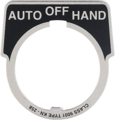 Square D - Metal Legend Plate - Auto-Off-Hand - Black Background, White Letters, 30mm Hole Diameter - Benchmark Tooling