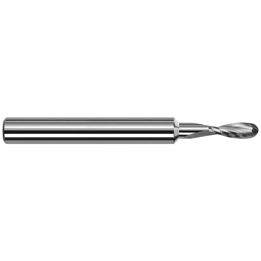 Ball End Mill: 0.0625″ Dia, 0.186″ LOC, 2 Flute, Solid Carbide 1-1/2″ OAL, 1/8″ Shank Dia, 20 ° Helix, Uncoated, Single End