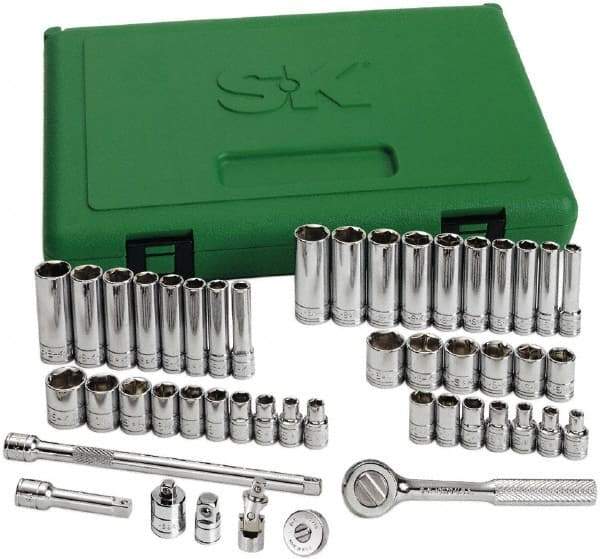 SK - 48 Piece 1/4" Drive Standard Deep Socket Set - 6 Points, 3/16 to 9/16", 4 to 15mm, Inch/Metric Measurement Standard - Benchmark Tooling