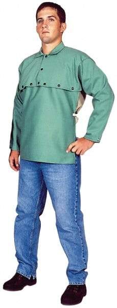 Stanco Safety Products - Size 3XL, 54-56" Chest, 20" Long, Flame Resistant, Cape Sleeves & Bib - Sateen Cotton, 9 oz, Green - Benchmark Tooling