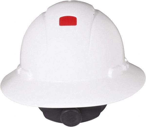 3M - ANSI Type I, Class C Rated, 4-Point, Ratchet Adjustment Hard Hat - Size 6-1/2 to 8, White, Full Brim, Vented - Benchmark Tooling