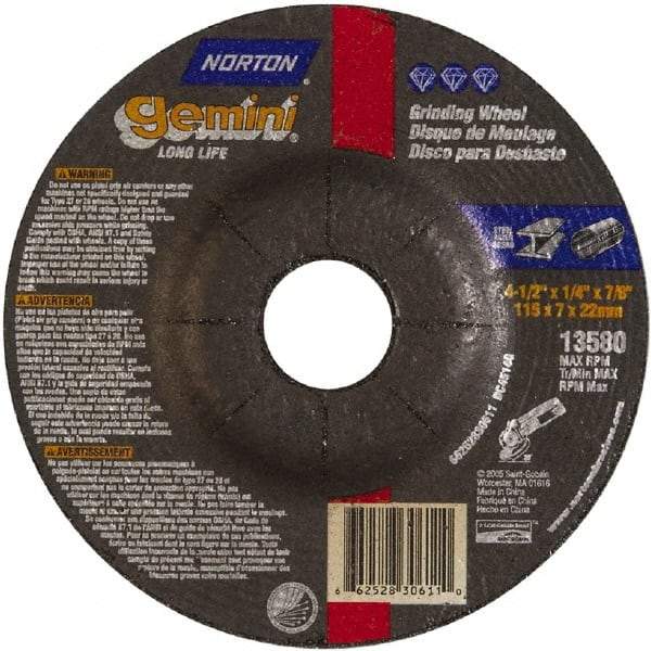 Norton - 4-1/2" Wheel Diam, 1/4" Wheel Thickness, 7/8" Arbor Hole, Type 27 Depressed Center Wheel - Aluminum Oxide - Benchmark Tooling