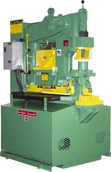 Uni-Hydro - 9" Throat Depth, 80 Ton Punch Pressure, 2" in 1/2" Punch Capacity Ironworker - 7-1/2 hp, 3 Phase, 220/480 Volts, 46" Wide x 70" High x 37" Deep - Benchmark Tooling