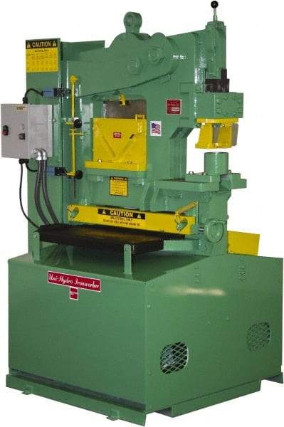 Uni-Hydro - 9" Throat Depth, 80 Ton Punch Pressure, 2" in 1/2" Punch Capacity Ironworker - 7-1/2 hp, 3 Phase, 220/480 Volts, 46" Wide x 70" High x 37" Deep - Benchmark Tooling