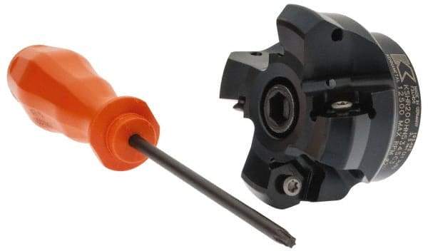 Kennametal - 2" Cut Diam, 3" Arbor Hole, 4.51mm Max Depth of Cut, 45° Indexable Chamfer & Angle Face Mill - 4 Inserts, HNGJ 535-GD Insert, Right Hand Cut, 4 Flutes, Through Coolant, Series KSHR - Benchmark Tooling
