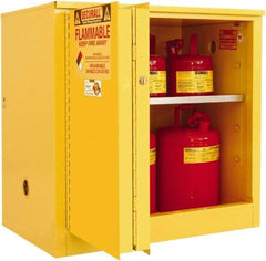 Securall Cabinets - 2 Door, 1 Shelf, Yellow Steel Standard Safety Cabinet for Flammable and Combustible Liquids - 35" High x 36" Wide x 24" Deep, Sliding Door, 3 Point Key Lock, 30 Gal Capacity - Benchmark Tooling