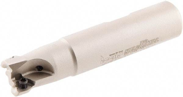 Iscar - 5/8" Cut Diam, 0.2" Max Depth of Cut, 5/8" Shank Diam, 3" OAL, Indexable Square Shoulder Helical End Mill - HM390 TCKT 0703PCTR Inserts, Weldon Shank, 0° Lead Angle, Through Coolant, Series HeliIQMill - Benchmark Tooling
