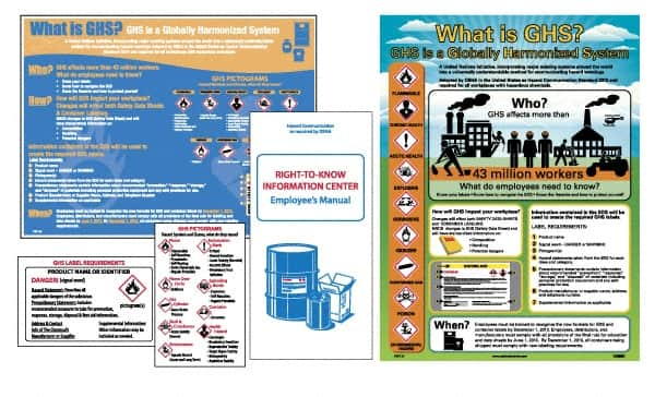 NMC - GHS General Safety & Accident Prevention Training Kit - English, 18" Wide x 24" High, White Background, Includes What is GHS Poster, GHS Pictogram, Booklets, Wallet Cards - Benchmark Tooling