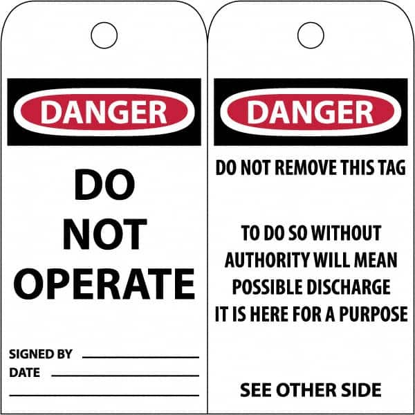 NMC - 3" High x 6" Long, DANGER \x96 DO NOT OPERATE, English Safety & Facility Accident Prevention Tag - Tag Header: Danger, 2 Sides, White Poly - Benchmark Tooling