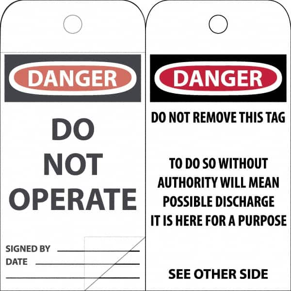 NMC - 3" High x 6" Long, DANGER \x96 DO NOT OPERATE, English Safety & Facility Accident Prevention Tag - Tag Header: Danger, 2 Sides, White Poly - Benchmark Tooling