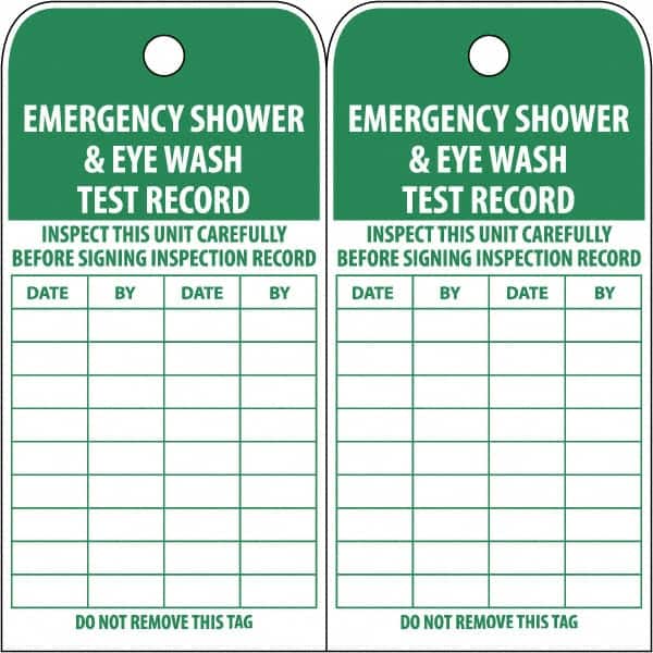 NMC - 3" High x 6" Long, EMERGENCY SHOWER & EYE WASH TEST RECORD, English Safety & Facility Accident Prevention Tag - Tag Header: Danger, 2 Sides, White Poly - Benchmark Tooling