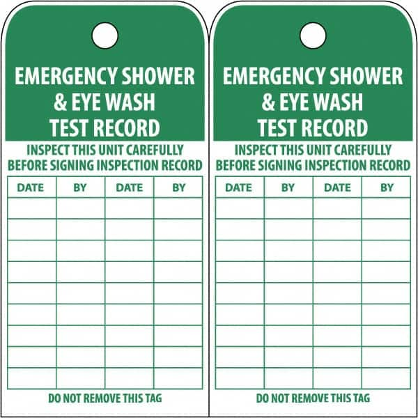 NMC - 3" High x 6" Long, EMERGENCY SHOWER & EYE WASH TEST RECORD, English Safety & Facility Accident Prevention Tag - Tag Header: Danger, 2 Sides, White Poly - Benchmark Tooling