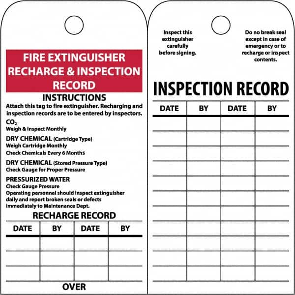 NMC - 3" High x 6" Long, FIRE EXTINGUISHER RECHARGE & INSPECTION RECORD, English Safety & Facility Inspection Tag - Tag Header: Notice, 2 Sides, White Poly - Benchmark Tooling