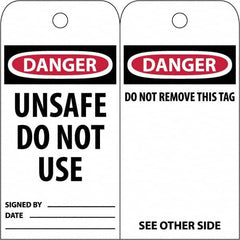 NMC - 3" High x 6" Long, DANGER \x96 UNSAFE DO NOT USE, English Safety & Facility Accident Prevention Tag - Tag Header: Danger, 2 Sides, White Poly - Benchmark Tooling