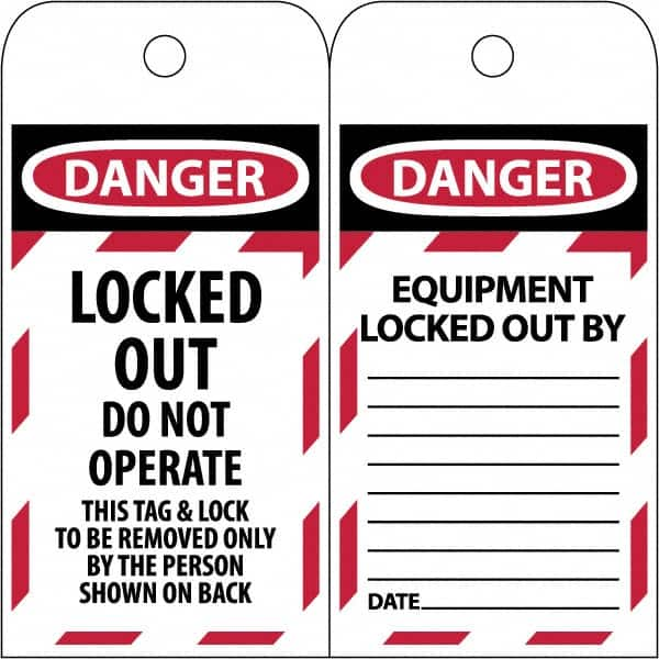 NMC - 3" High x 6" Long, LOCKED OUT - DO NOT OPERATE, English Safety & Facility Lockout Tag - Tag Header: Danger, 2 Sides, Black & Red Poly - Benchmark Tooling