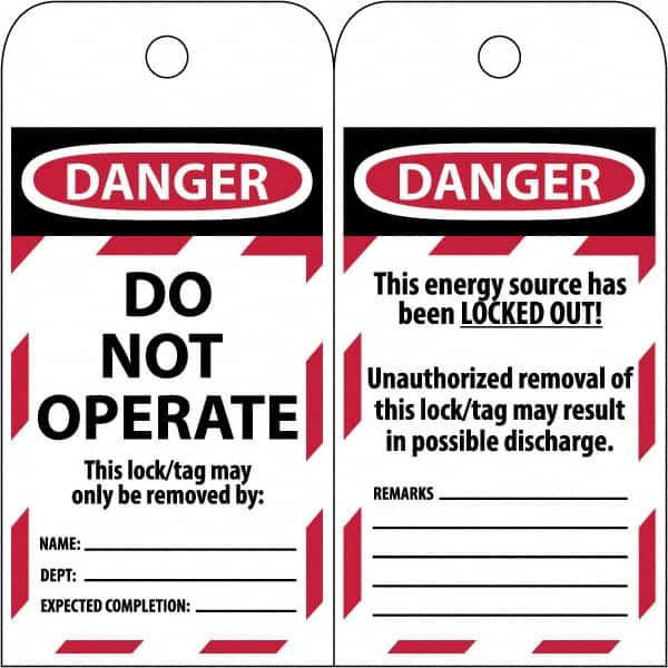 NMC - 3" High x 6" Long, LOCKED OUT - DO NOT OPERATE, English Safety & Facility Lockout Tag - Tag Header: Danger, 2 Sides, Black & Red Poly - Benchmark Tooling