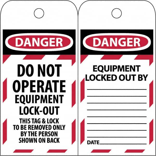 NMC - 3" High x 6" Long, DANGER - THIS TAG & LOCK TO BE REMOVED ONLY BY THE PERSON SHOWN, English Safety & Facility Lockout Tag - Tag Header: Danger, 2 Sides, Black & Red Poly - Benchmark Tooling