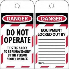 NMC - 3" High x 6" Long, DANGER - DO NOT OPERATE - EQUIPMENT LOCK-OUT - THIS TAG & LOCK TO BE REMOVED ONLY BY THE PERSON SHOWN ON BACK, English Safety & Facility Lockout Tag - Tag Header: Danger, 2 Sides, Black & Red Poly - Benchmark Tooling