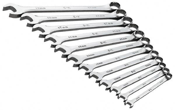 SK - 13 Piece, 8 to 19mm, 12 Point, Combination Wrench Set - Metric System of Measurement, Chrome Finish, Comes in Roll - Benchmark Tooling