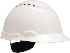 3M - ANSI Type I, Class C Rated, 4-Point, Ratchet Adjustment Hard Hat - Size 6-1/2 to 8, White, Standard Brim, Vented - Benchmark Tooling