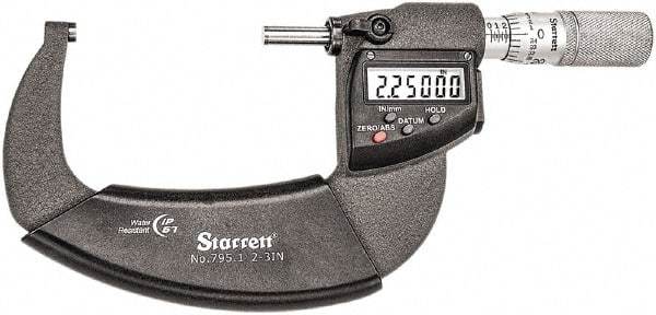 Starrett - 2 to 3" Range, Standard Throat IP67 Electronic Outside Micrometer - Friction Thimble, Carbide Face, CR2032 Battery - Benchmark Tooling