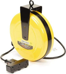 Reelcraft - 16 AWG, 30' Cable Length, Cord & Cable Reel with Outlet End - 3 Outlets, NEMA 5-15R, 10 Amps, 125 Volts, SJTW Cable, Yellow Reel, Spring Driven Reel - Benchmark Tooling