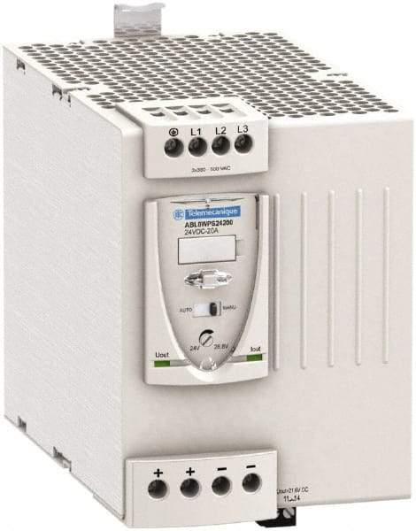 Schneider Electric - 480 Watt, 20 Amp, 380 to 500 VAC Input, 24 VDC Output, DIN Rail Power Supply - Screw Connection, 165mm Wide x 155mm Deep x 143mm High, 92-100% Efficiency, Green LED Output, Red LED Output - Benchmark Tooling