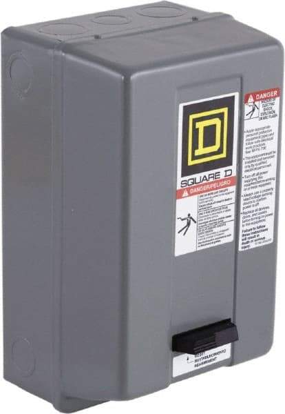 Square D - 208 Coil VAC at 60 Hz, 9 Amp, Nonreversible Enclosed Enclosure NEMA Motor Starter - 3 Phase hp: 1-1/2 at 200 VAC, 1-1/2 at 230 VAC, 2 at 460 VAC, 2 at 575 VAC, 1 Enclosure Rating - Benchmark Tooling