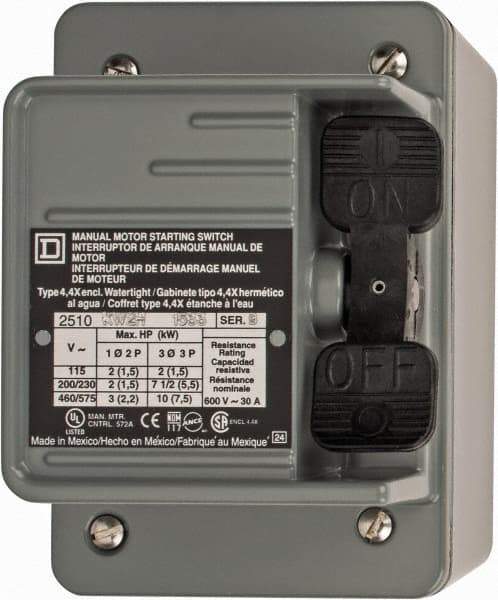 Square D - 3 Poles, 30 Amp, NEMA, Enclosed Toggle Manual Motor Starter - 1 hp at 90 VDC, 10 hp at 460 VAC, 10 hp at 575 VAC, 1-1/2 hp at 230 VDC, 2 hp at 115 VAC, 2 hp at 115 VDC & 7-1/2 hp at 230 VAC, CE, CSA, NEMA 4 & UL Listed - Benchmark Tooling