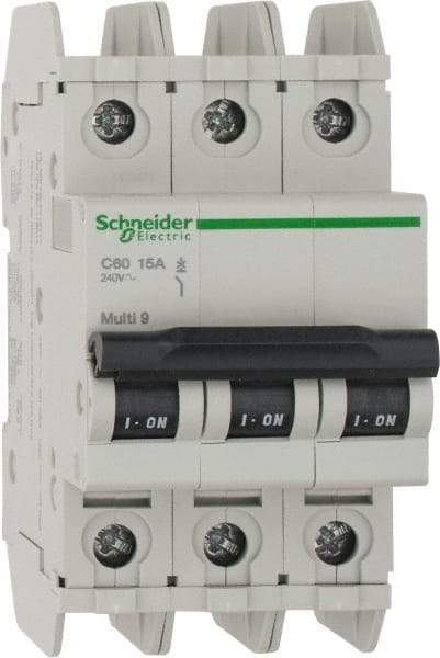 Schneider Electric - 15 Amp, 125 VDC, 240 VAC, 60 VDC, 3 Pole, DIN Rail Mount, Fixed Mount Miniature Circuit Breaker - Thermal Magnetic Trip, Multiple Breaking Capacity Ratings, 73mm Deep x 107mm High x 54mm Wide - Benchmark Tooling