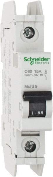 Schneider Electric - 15 Amp, 125 VDC, 240 VAC, 60 VDC, 1 Pole, DIN Rail Mount, Fixed Mount Miniature Circuit Breaker - Thermal Magnetic Trip, 10 kA at 277 VAC Breaking Capacity, 73mm Deep x 81mm High x 18mm Wide - Benchmark Tooling