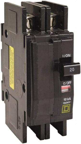 Square D - 15 Amp, 120/240 VAC, 2 Pole, DIN Rail Mounted, Flush Mount, Surface Mount Miniature Circuit Breaker - Thermal Magnetic Trip, 10 kA at 120/240 VAC Breaking Capacity, 14-2 (Aluminum), 14-2 (Copper) AWG, 74mm Deep x 103mm High x 19mm Wide - Benchmark Tooling