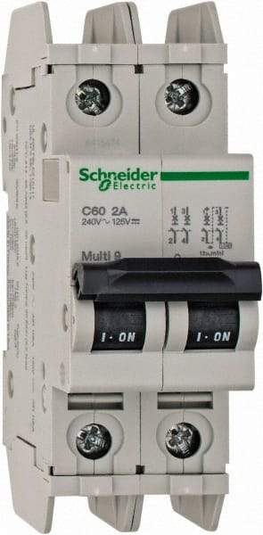 Schneider Electric - 2 Amp, 125 VDC, 240 VAC, 60 VDC, 1 Pole, DIN Rail Mount, Fixed Mount Miniature Circuit Breaker - Thermal Magnetic Trip, Multiple Breaking Capacity Ratings, 73mm Deep x 107mm High x 36mm Wide - Benchmark Tooling