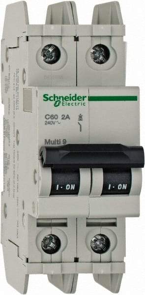 Schneider Electric - 2 Amp, 125 VDC, 240 VAC, 60 VDC, 1 Pole, DIN Rail Mount, Fixed Mount Miniature Circuit Breaker - Thermal Magnetic Trip, Multiple Breaking Capacity Ratings, 73mm Deep x 107mm High x 36mm Wide - Benchmark Tooling