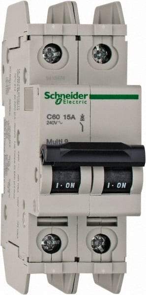 Schneider Electric - 15 Amp, 125 VDC, 240 VAC, 60 VDC, 1 Pole, DIN Rail Mount, Fixed Mount Miniature Circuit Breaker - Thermal Magnetic Trip, Multiple Breaking Capacity Ratings, 73mm Deep x 107mm High x 36mm Wide - Benchmark Tooling