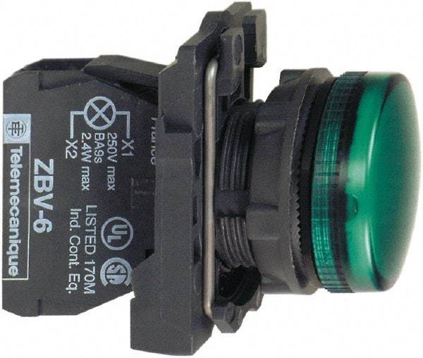 Schneider Electric - 250 V Green Lens LED Pilot Light - Round Lens, Screw Clamp Connector, 30mm Wide, Vibration Resistant, Water Resistant - Benchmark Tooling