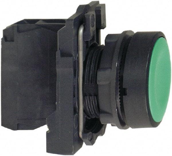 Schneider Electric - 22mm Mount Hole, Flush, Pushbutton Switch with Contact Block - Round, Green Pushbutton, Momentary (MO) - Benchmark Tooling