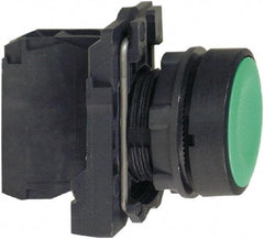 Schneider Electric - 22mm Mount Hole, Flush, Pushbutton Switch with Contact Block - Round, Green Pushbutton, Momentary (MO) - Benchmark Tooling
