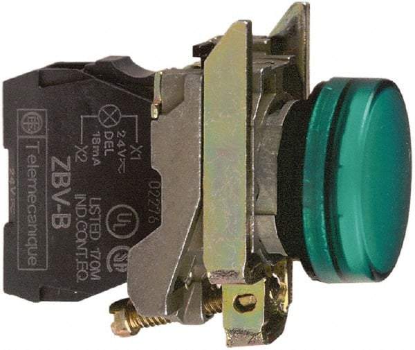 Schneider Electric - 110-120 VAC at 50/60 Hz Green Lens LED Pilot Light - Round Lens, Screw Clamp Connector, 30mm Wide, Vibration Resistant, Water Resistant - Benchmark Tooling