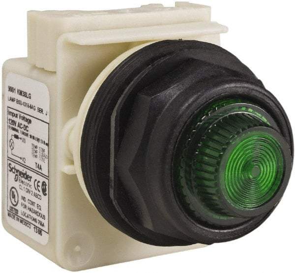 Schneider Electric - 120 V Green Lens LED Indicating Light - Round Lens, Screw Clamp Connector, Corrosion Resistant, Dust Resistant, Oil Resistant - Benchmark Tooling