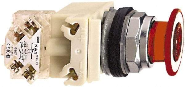 Schneider Electric - 30mm Mount Hole, Extended Straight, Pushbutton Switch with Contact Block - Red Pushbutton, Maintained (MA) - Benchmark Tooling