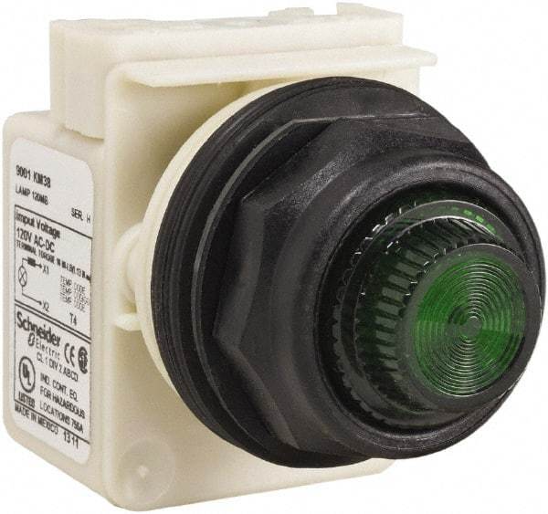 Schneider Electric - 120 V Green Lens Indicating Light - Round Lens, Screw Clamp Connector, Corrosion Resistant, Dust Resistant, Oil Resistant - Benchmark Tooling