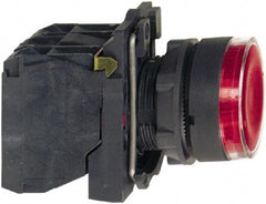 Schneider Electric - 22mm Mount Hole, Flush, Pushbutton Switch with Contact Block - Round, Red Pushbutton, Illuminated, Momentary (MO) - Benchmark Tooling