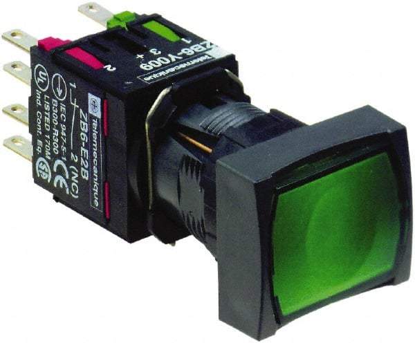 Schneider Electric - 16mm Mount Hole, Flush, Pushbutton Switch with Contact Block - Rectangle, Green Pushbutton, Illuminated, Momentary (MO) - Benchmark Tooling