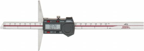 SPI - 0mm to 200mm ABS Plastic (Case) Electronic Depth Gage - 0.03mm Accuracy, 0.01mm Resolution, 4" Base Length - Benchmark Tooling