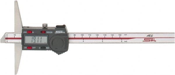 SPI - 0mm to 150mm ABS Plastic (Case) Electronic Depth Gage - 0.02mm Accuracy, 0.01mm Resolution, 4" Base Length - Benchmark Tooling