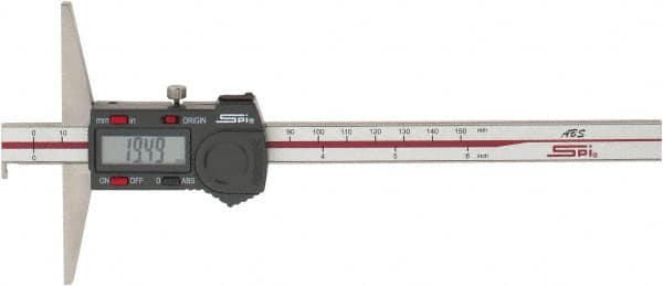 SPI - 0mm to 150mm ABS Plastic (Case) Electronic Depth Gage - 0.02mm Accuracy, 0.01mm Resolution, 4" Base Length, With Single Hook - Benchmark Tooling