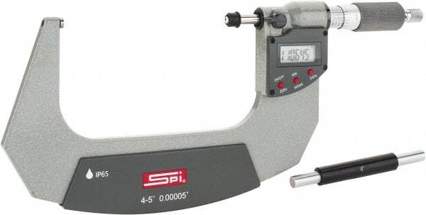 SPI - 4 to 5" Range, 0.00005" Resolution, Double Ratchet IP65 Electronic Outside Micrometer - 0.0002" Accuracy, Ratchet-Friction Thimble, Carbide Face, CR2032 Battery, Includes NIST Traceable Certification of Inspection - Benchmark Tooling