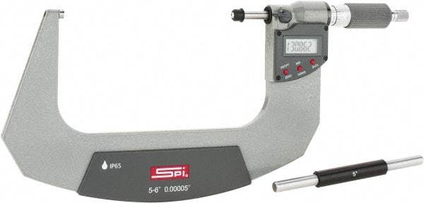 SPI - 5 to 6" Range, 0.00005" Resolution, Double Ratchet IP65 Electronic Outside Micrometer - 0.0002" Accuracy, Ratchet-Friction Thimble, Carbide Face, CR2032 Battery, Includes NIST Traceable Certification of Inspection - Benchmark Tooling