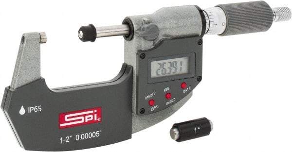 SPI - 1 to 2" Range, 0.00005" Resolution, Double Ratchet IP65 Electronic Outside Micrometer - 0.0002" Accuracy, Ratchet-Friction Thimble, Carbide Face, CR2032 Battery, Includes NIST Traceable Certification of Inspection - Benchmark Tooling